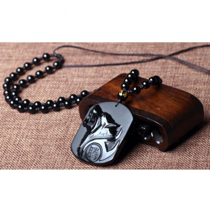 New Obsidian Carving Wolf Head Amulet Pendant Necklace