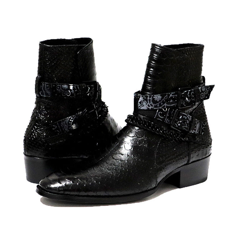 Men's Leather Serpentine Pointed Flower Chelsea Boots