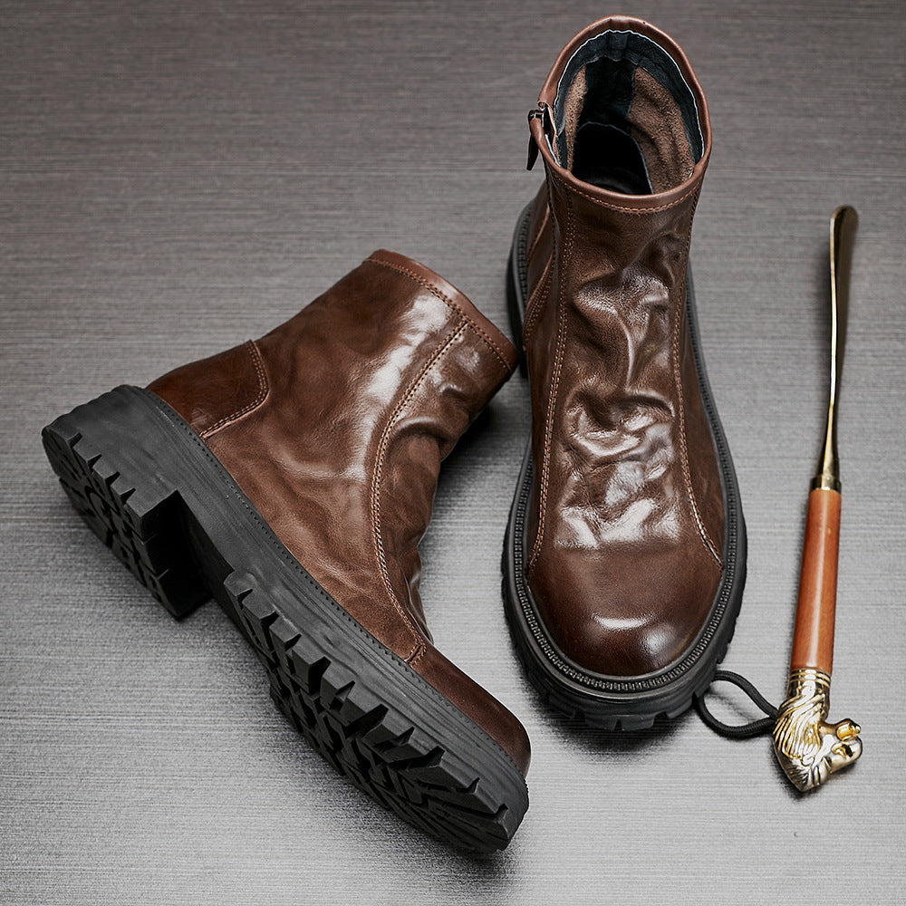 Men's Autumn And Winter Genuine Leather High-top Platform Worker Boots