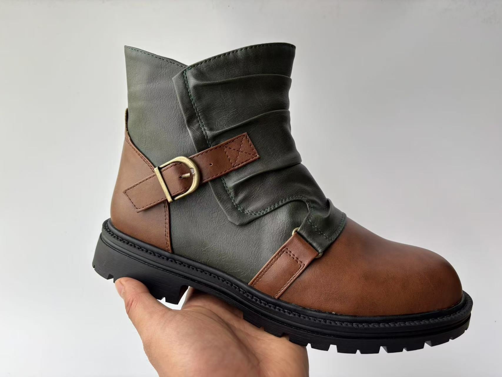 Square Heel High-top Men's Boots Large Size Winter Brown Stitching Solid Color