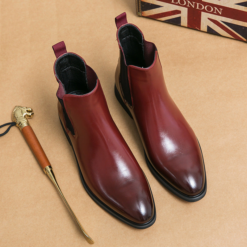 Men's Business Autumn High-top Pointed Red Leather Boots