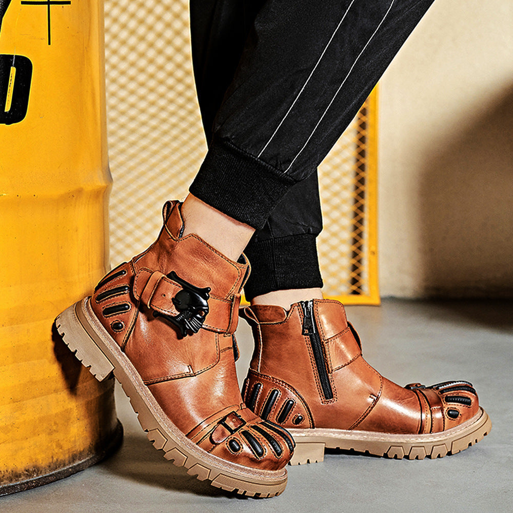 Men Punk Rock Tooling Machinery Car Boots Lace-up Big Head Leather Shoes