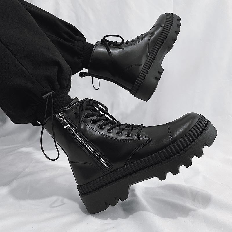Fashionable And Simple Men's High-top Side Zipper Leather Boots