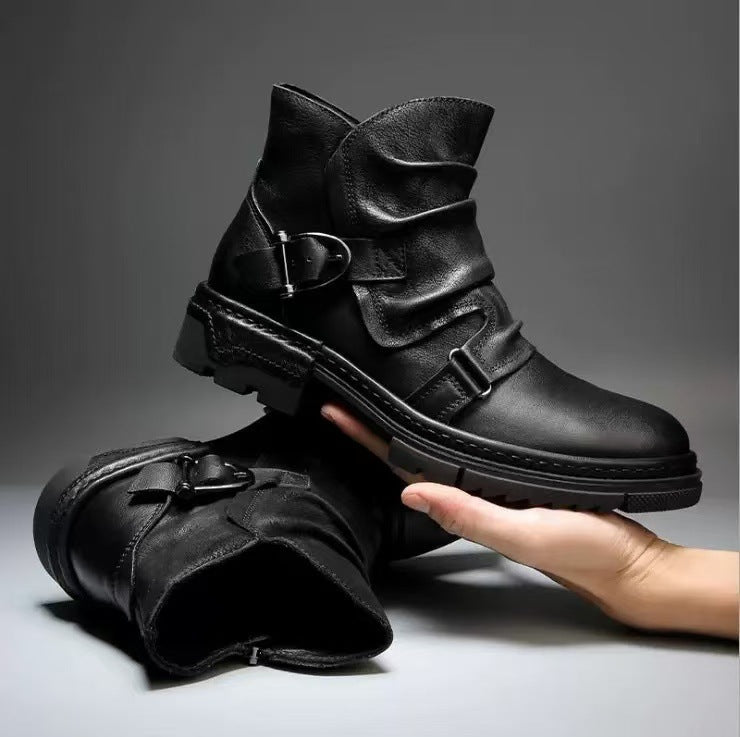 Square Heel High-top Men's Boots Large Size Winter Brown Stitching Solid Color