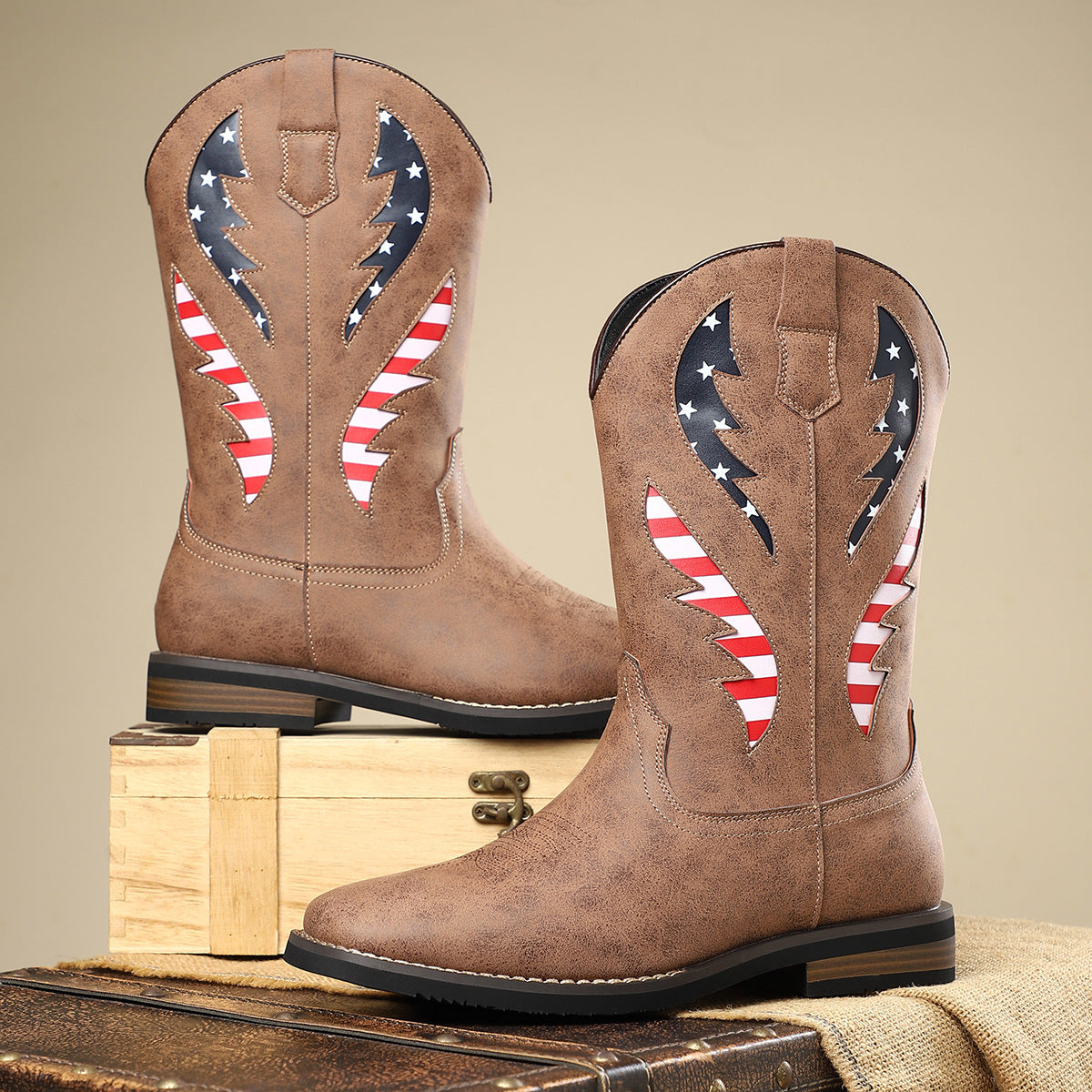 New European And American Thick-heel Leather Patchwork Men's Leather Boots
