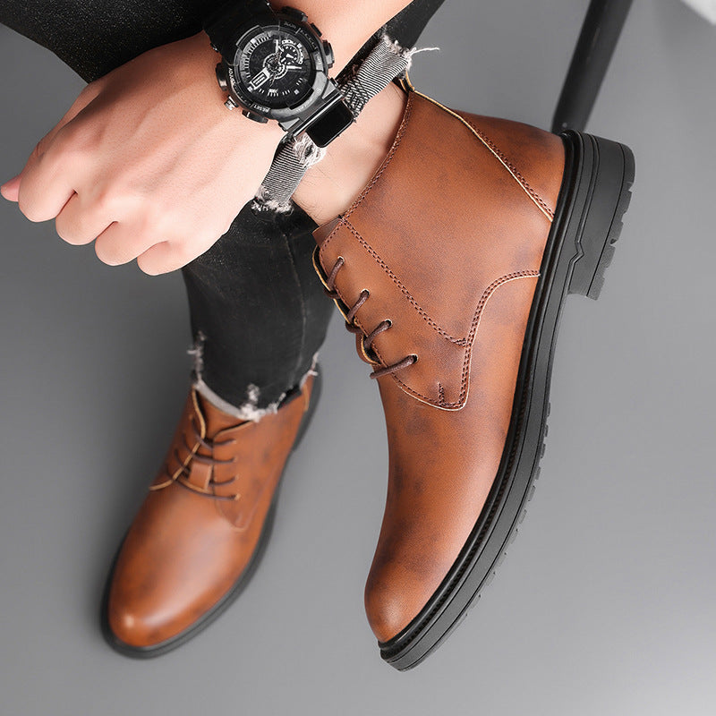Retro Lace Up Denim Trendy Mid-length Warm Non-slip Men's Martin Boots