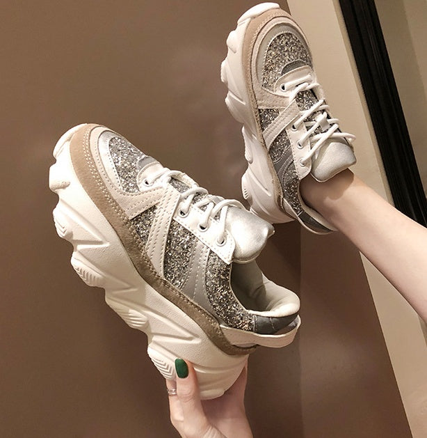 Thick-soled Trendy Shoes Platform Shoes Shiny Rhinestone Old Shoes