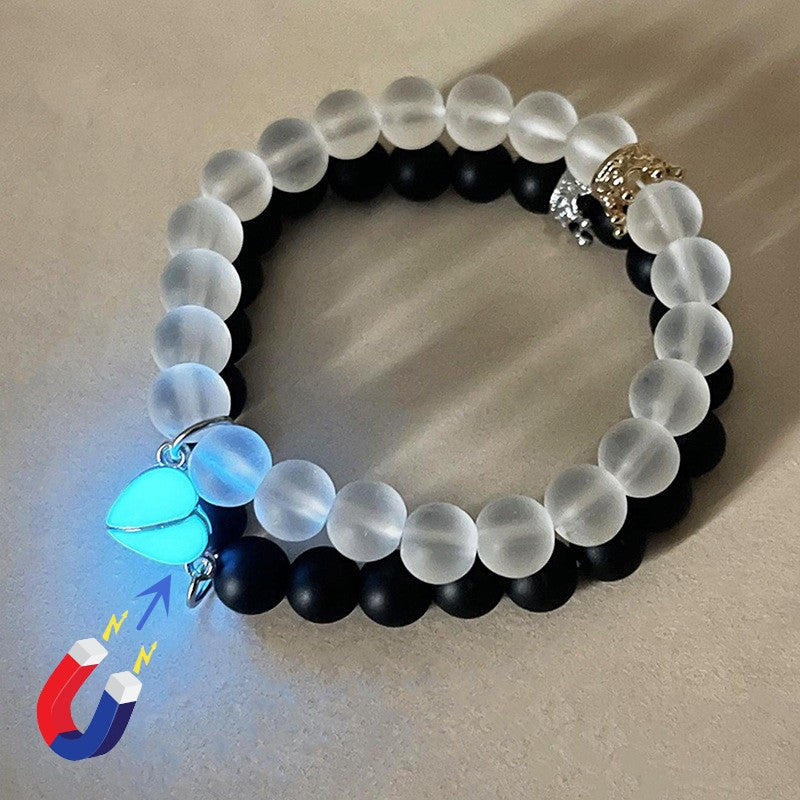 2pcs Handmade Crown Beaded Charms Bracelet Heart Glow In The Dark Couple Bracelet