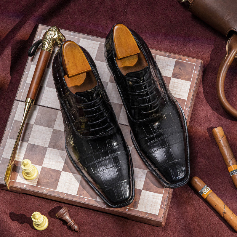Formal Business First Layer Cowhide Hand Colored Embossed Men's Shoes